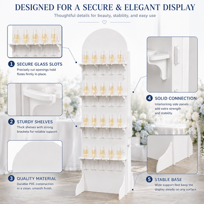 Details of glass slots, shelf brackets, side connections and support feet on a white champagne wall