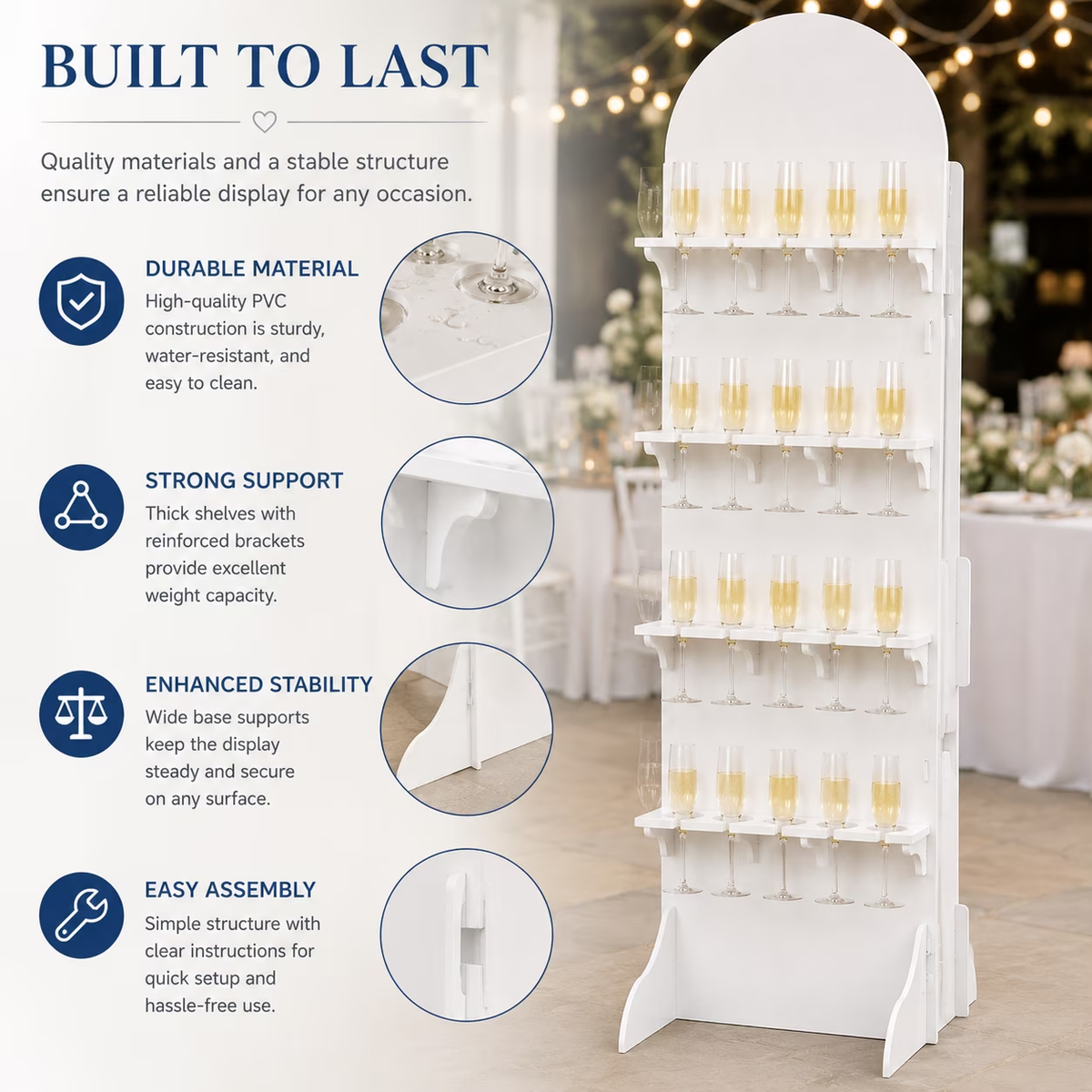 White PVC champagne wall with close-up views of shelf supports, base feet and panel connections