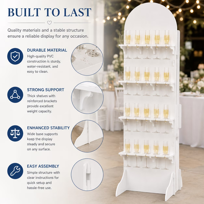 White PVC champagne wall with close-up views of shelf supports, base feet and panel connections