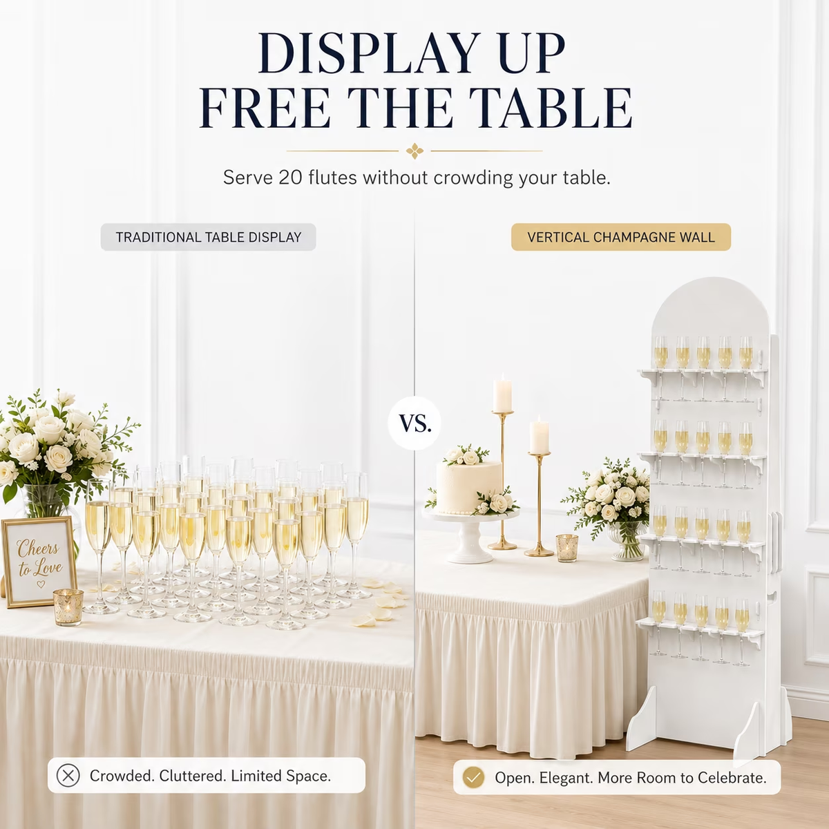 Comparison of a tabletop flute arrangement and a vertical white 20-flute champagne wall display