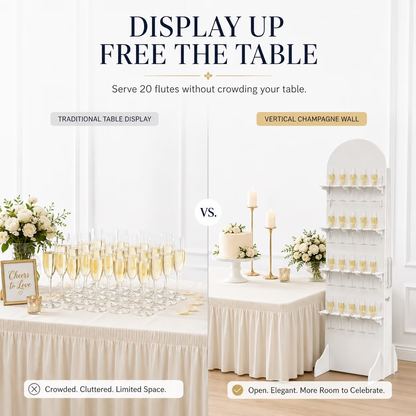 Comparison of a tabletop flute arrangement and a vertical white 20-flute champagne wall display