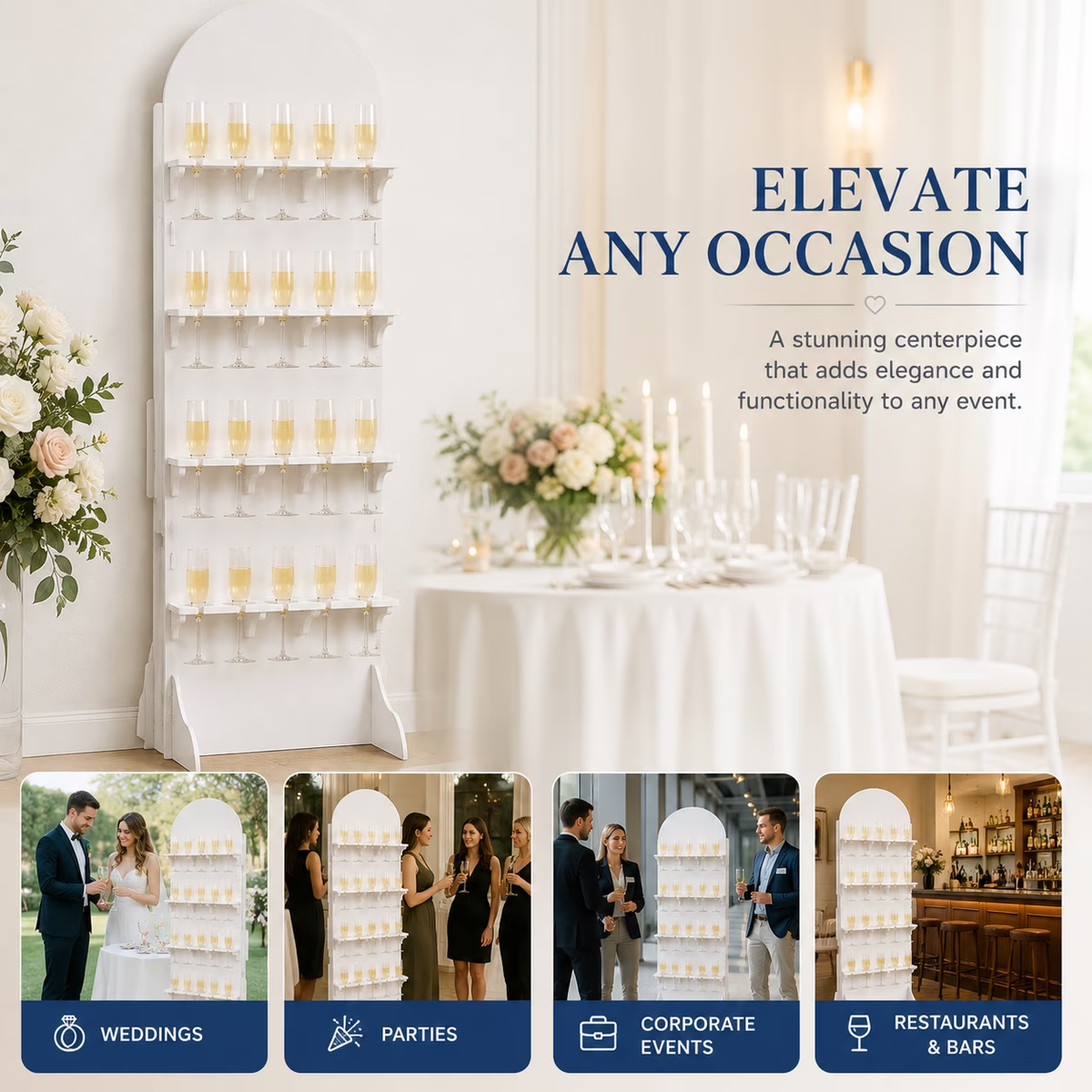 White 20-flute champagne wall displayed for weddings, parties, corporate events and restaurant settings