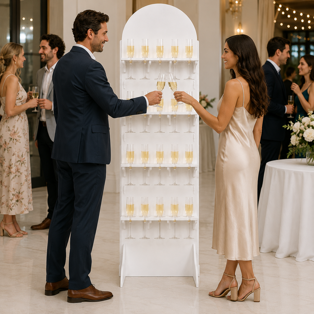 White PVC champagne wall stand with 20 flutes beside a couple toasting at a wedding reception