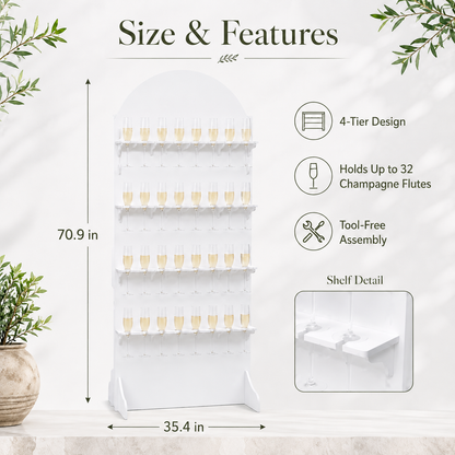 32-flute champagne wall dimensions: 35.4 inches wide and 70.9 inches tall, with four display shelves