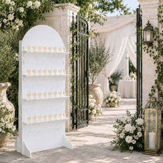 White 32-flute PVC champagne wall stand at a garden wedding entrance with white flowers