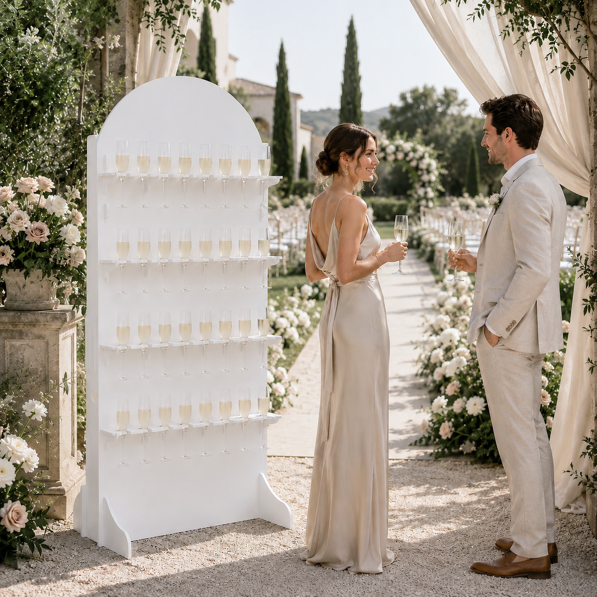 Couple toasting beside a white 32-flute PVC champagne wall at an outdoor reception