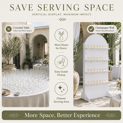 Comparison showing tabletop glasses and a vertical white champagne wall used as a serving station