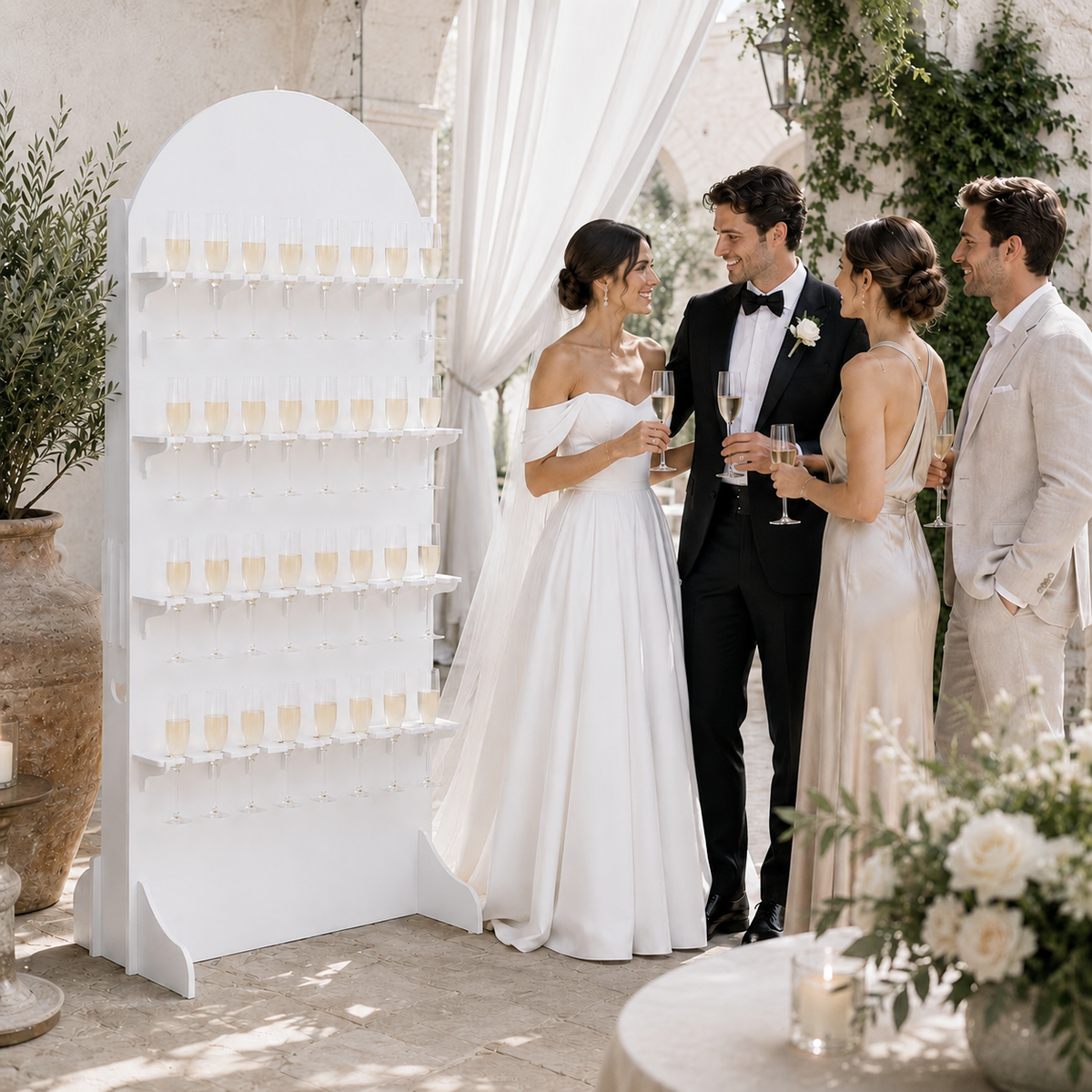 Bride, groom and guests toasting beside a white four-tier 32-flute champagne wall stand