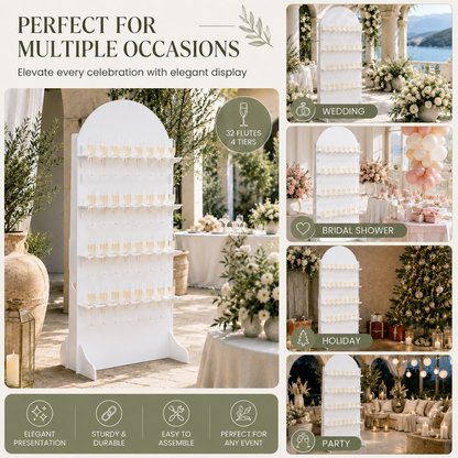 White 32-flute champagne wall styled for weddings, bridal showers, holidays and parties