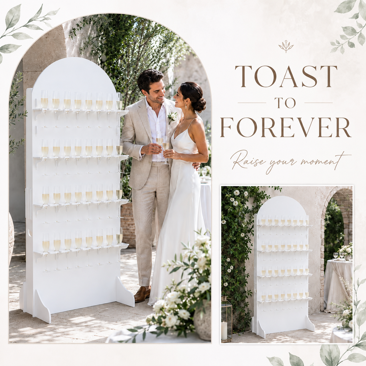 Wedding inspiration collage featuring a white 32-flute champagne wall and a couple toasting