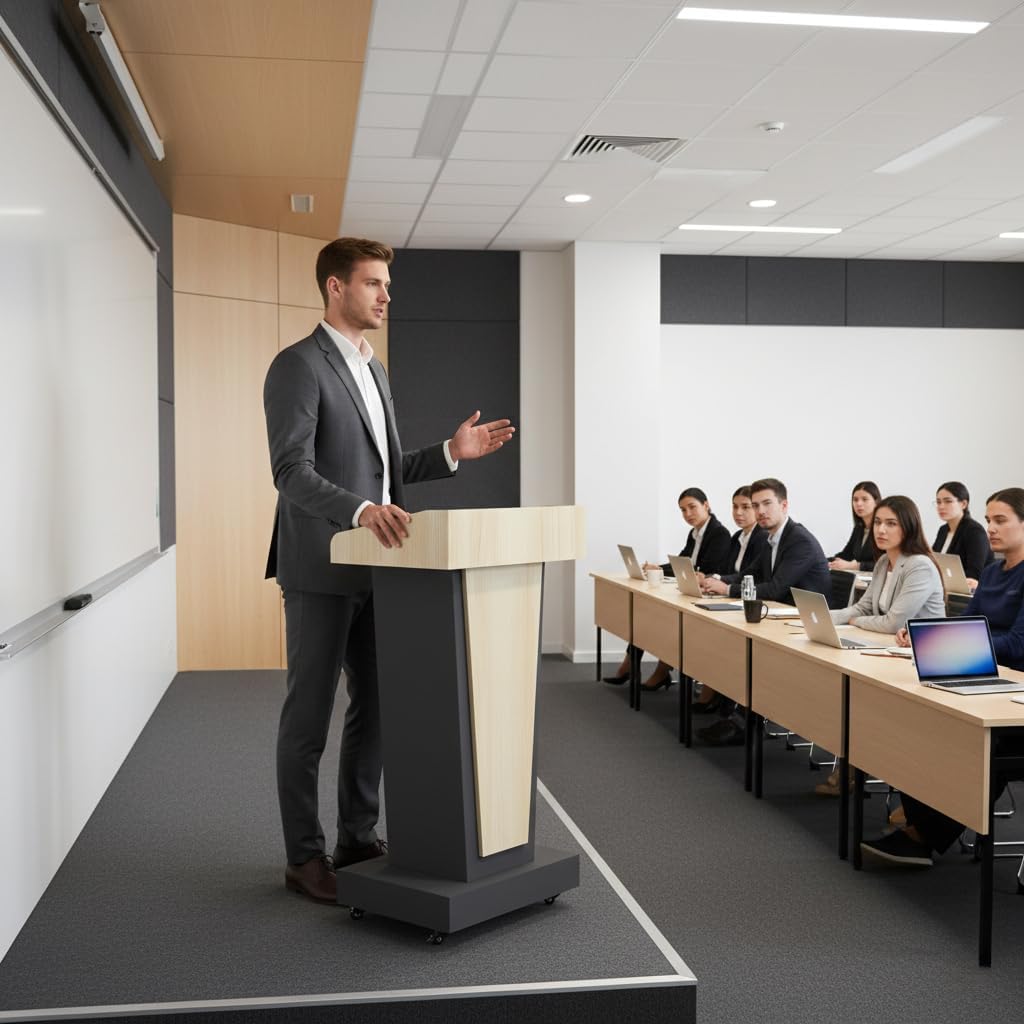 Wooden Mobile Podium Stand with Wheels - 46.5"H White & Black Conference Lectern with Dual Storage and Footrest - CrazyAnt