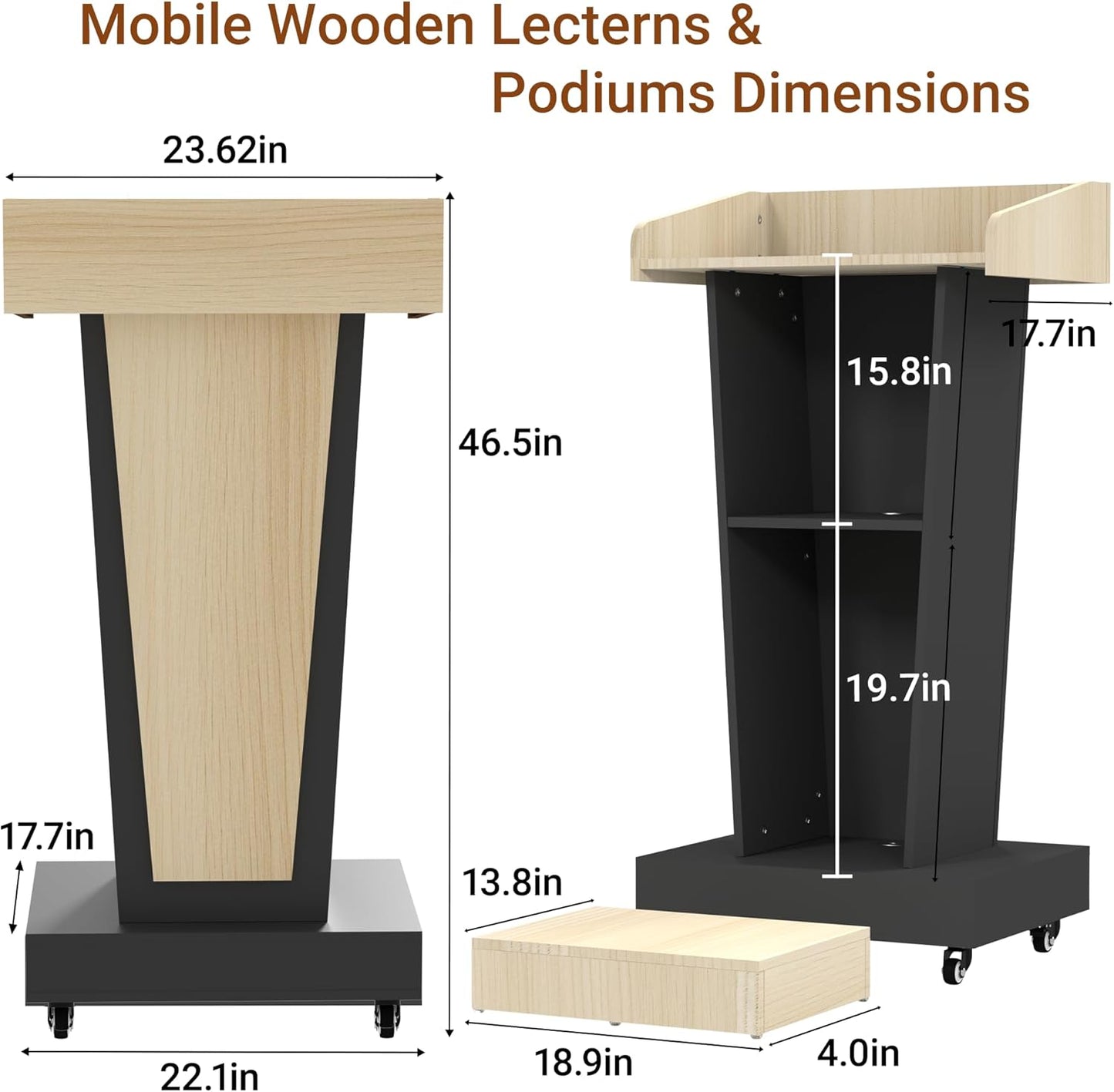 Wooden Mobile Podium Stand with Wheels - 46.5"H White & Black Conference Lectern with Dual Storage and Footrest - CrazyAnt