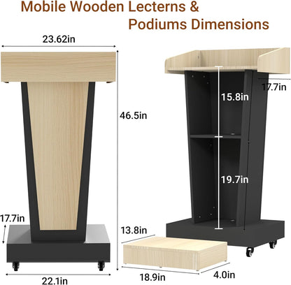 Wooden Mobile Podium Stand with Wheels - 46.5"H White & Black Conference Lectern with Dual Storage and Footrest - CrazyAnt