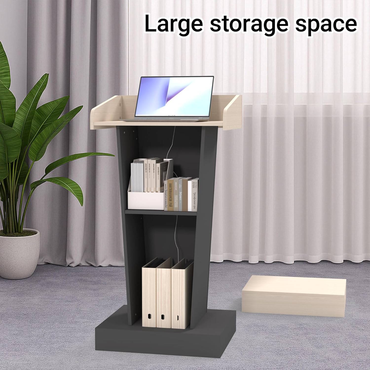 Wooden Mobile Podium Stand with Wheels - 46.5"H White & Black Conference Lectern with Dual Storage and Footrest - CrazyAnt