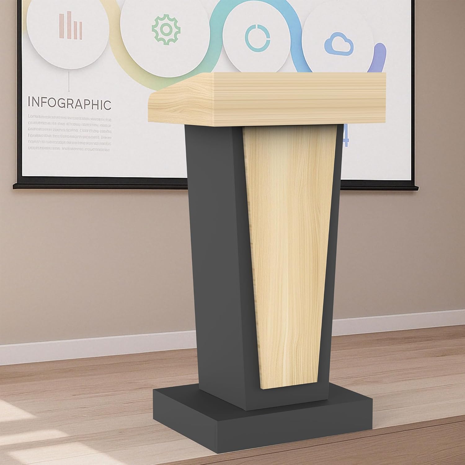 Wooden Mobile Podium Stand with Wheels - 46.5"H White & Black Conference Lectern with Dual Storage and Footrest - CrazyAnt