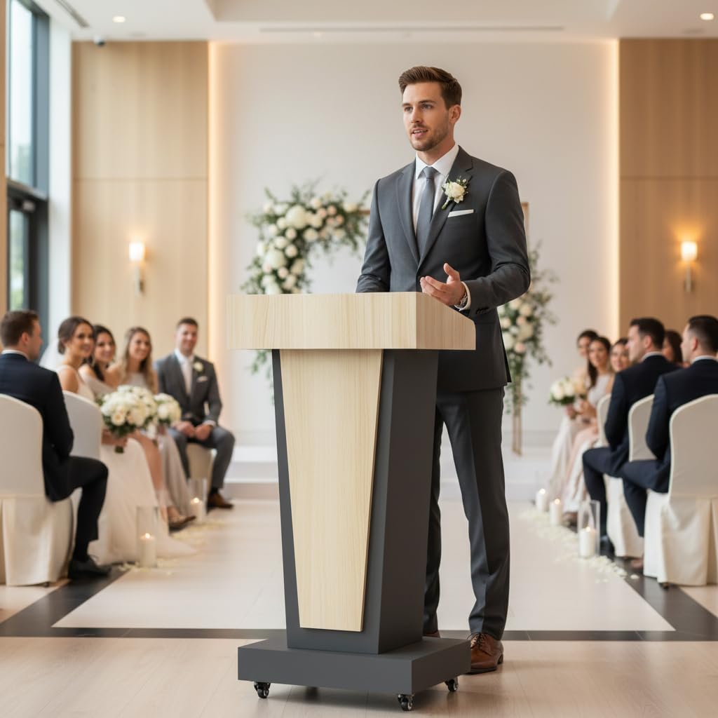 Wooden Mobile Podium Stand with Wheels - 46.5"H White & Black Conference Lectern with Dual Storage and Footrest - CrazyAnt