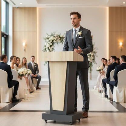 Wooden Mobile Podium Stand with Wheels - 46.5"H White & Black Conference Lectern with Dual Storage and Footrest - CrazyAnt