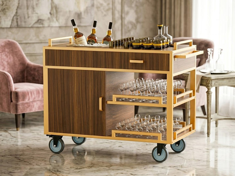 Open shelf room service trolley with wine glasses and bottles for hotel restaurant and banquet service