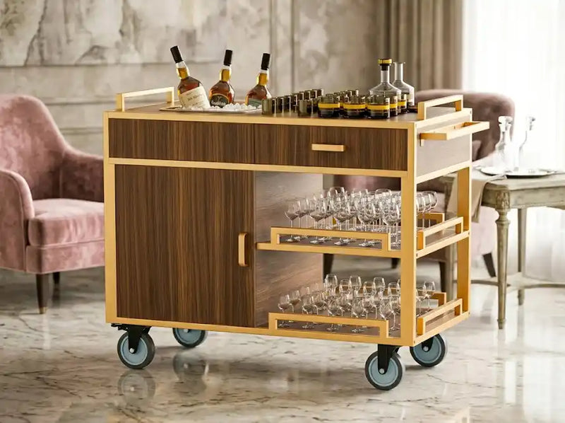 Open shelf room service trolley with wine glasses and bottles for hotel restaurant and banquet service